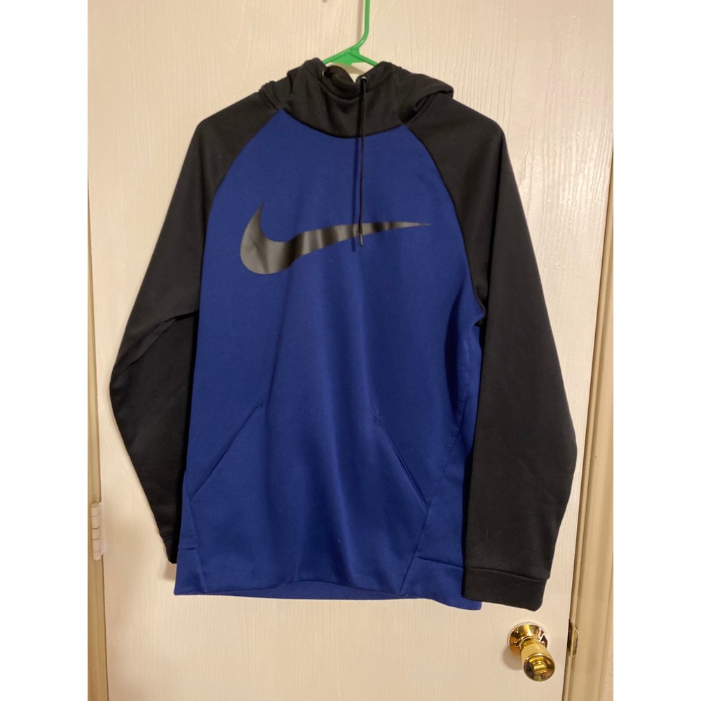 Nike Mens Dri-FIT Hoodie Blue Black Colorblock Swoosh Pullover Sweatshirt Small